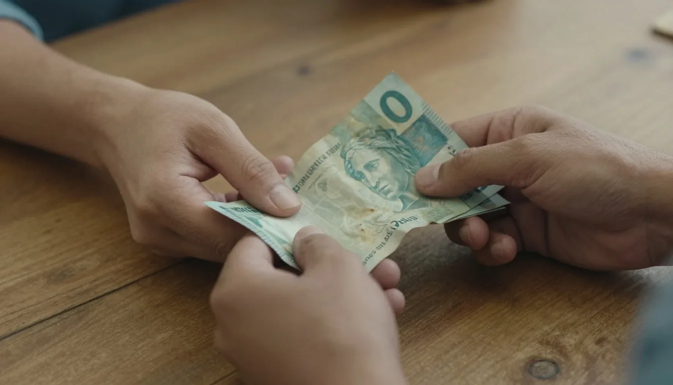 Mãos de pessoa segurando cédulas de reais brasileiros sobre mesa rústica